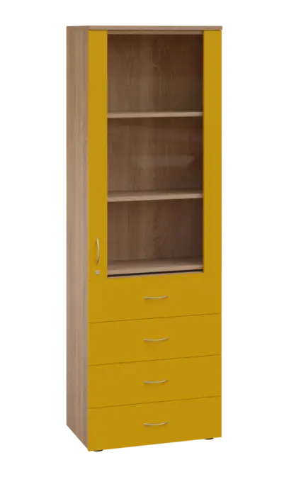 LE - 64 skříň léková prosklená, pravá, korpus dub bardolino, dvířka žlutá odio